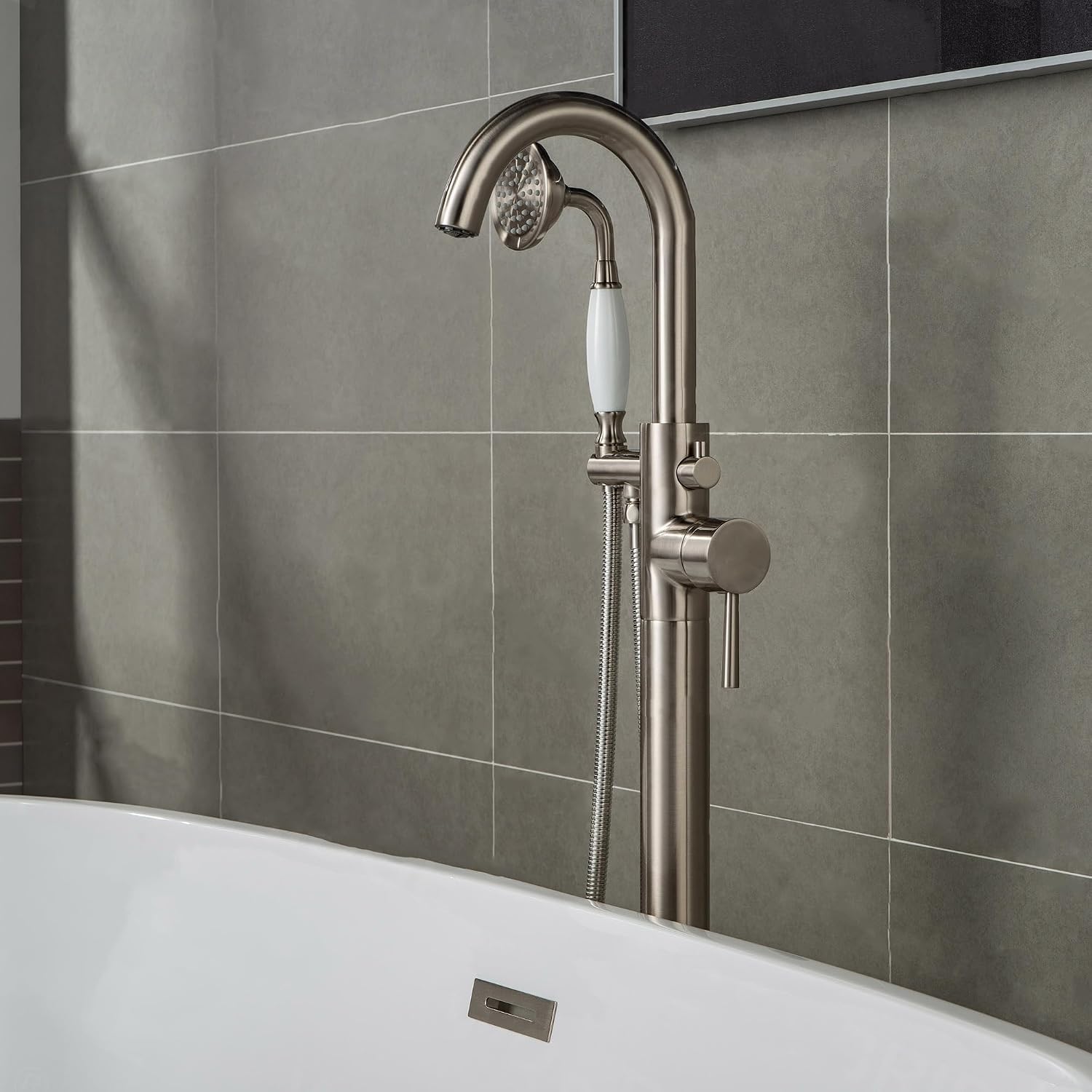 WOODBRIDGE F0001BNVT Fusion Single Handle Floor Mount Freestanding Tub Filler Faucet with Telephone Hand shower in Brushed Nickel Finish