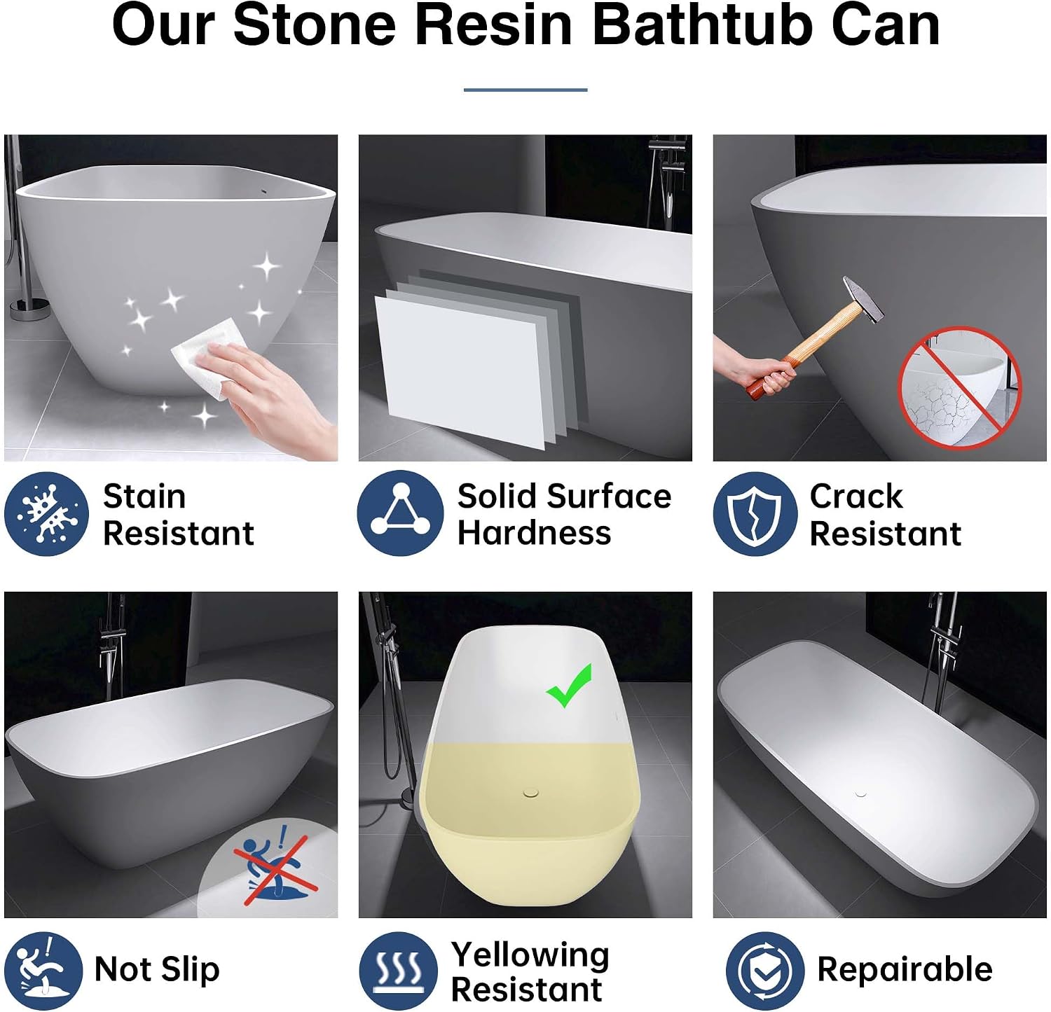 67' Resin Stone Freestanding Bathtub, Solid Surface Bathtub Modern Design Stand Alone Tub with Drain and Overflow, Matte White 306MW1700