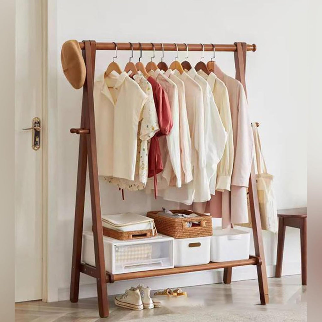 Bamboo Garment Rack Bamboo Small Clothes Rack,Bamboo Wood Garment Rack with Shelves, Narrow,Short Mini Cloth Racks for Hanging Clothes,Simple,Free Standing