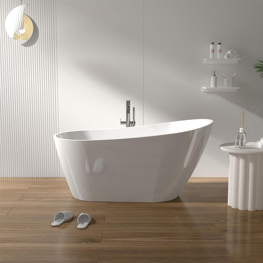 TONA 60' Acrylic Freestanding Bathtub Contemporary Soaking White Tub cUPC Certified, Toe-Tap Chrome Drain & Overflow Assembly Included