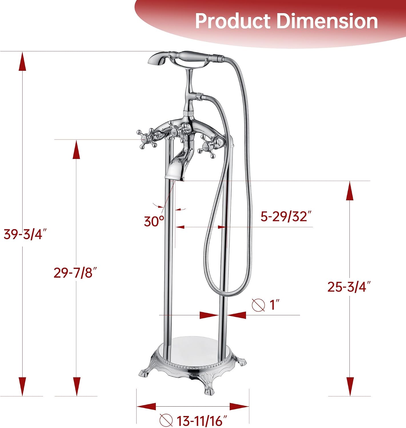 SUMERAIN Waterfall Freestanding Bathtub Faucet with Hand Shower, Antique High Flow Floor Mount Tub Filler Solid Brass, Chrome Finish