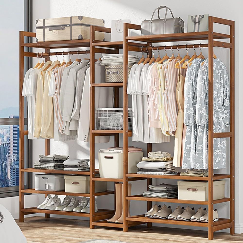 Floor-Standing Solid Wood Rotating Coat Rack，Natural Bamboo Coat Rack Stand with Hanging Rod, 2 Shelves & Hooks - Freestanding Garment Rack for Bedroom, Hallway & Entryway - Eco-Friendly, St