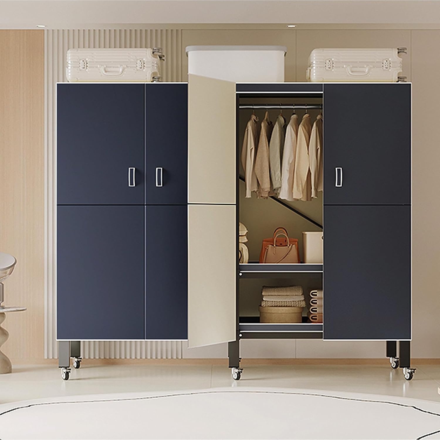 Heavy Duty Covered Clothes Rack with Magnetic Door Foldable Portable Wardrobe Closet for Hanging Clothing Rolling Black Metal Garment Rack on Wheels Closet System (Navy Blue, 49in)