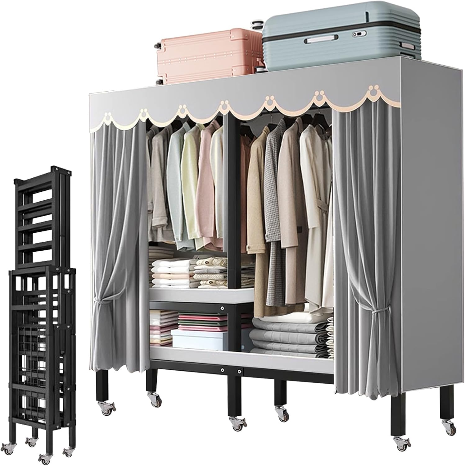 Heavy Duty Portable Closets with Cover and Wheels, Foldable Wardrobe Closet Rack, Bedroom Armoires Freestanding Clothing Rolling Garment Racks for Hanging Clothes, Load 2000