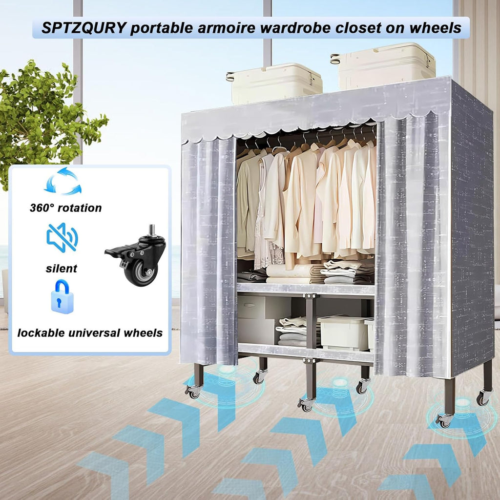 Heavy Duty Rolling Covered Metal Garment Rack with Lockable Wheels and Door, Load 2000lbs, Portable Closets for Hanging Clothes, Large Capacity 360°Enclosed Clothing Racks (A, 49.2in/125cm)