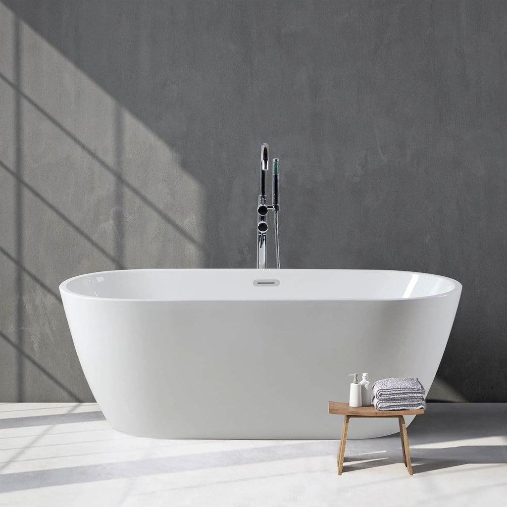FerdY Bali 59' Acrylic Freestanding Bathtub, Gracefully Shaped Freestanding Soaking Bathtub, Toe-Tap Chrome Drain and Classic Slotted Overflow Included, Glossy White, cUPC Certified