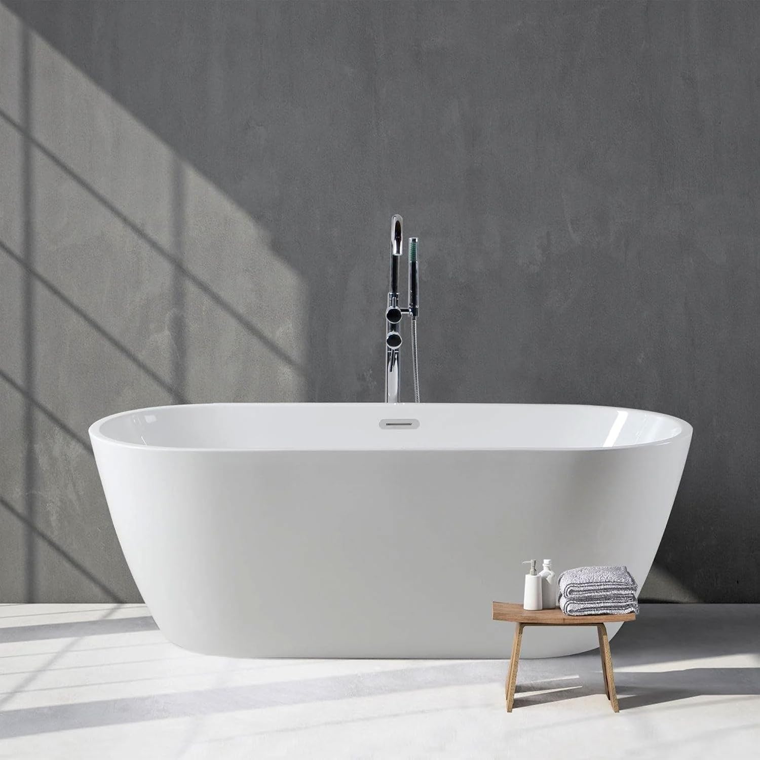 FerdY Bali 59' Acrylic Freestanding Bathtub, Gracefully Shaped Freestanding Soaking Bathtub, Toe-Tap Chrome Drain and Classic Slotted Overflow Included, Glossy White, cUPC Certified