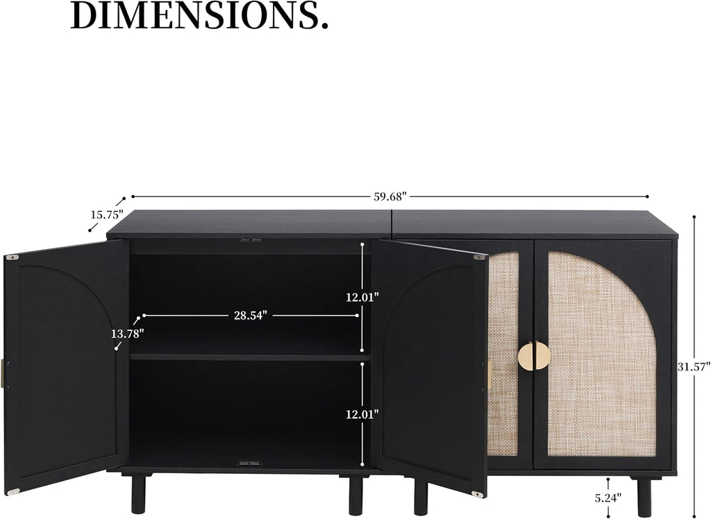 Modern Rattan Storage Sideboard Cabinet, Black Wood Buffet with Magnetic Latch, Adjustable Shelf. [2Pcs, Black]