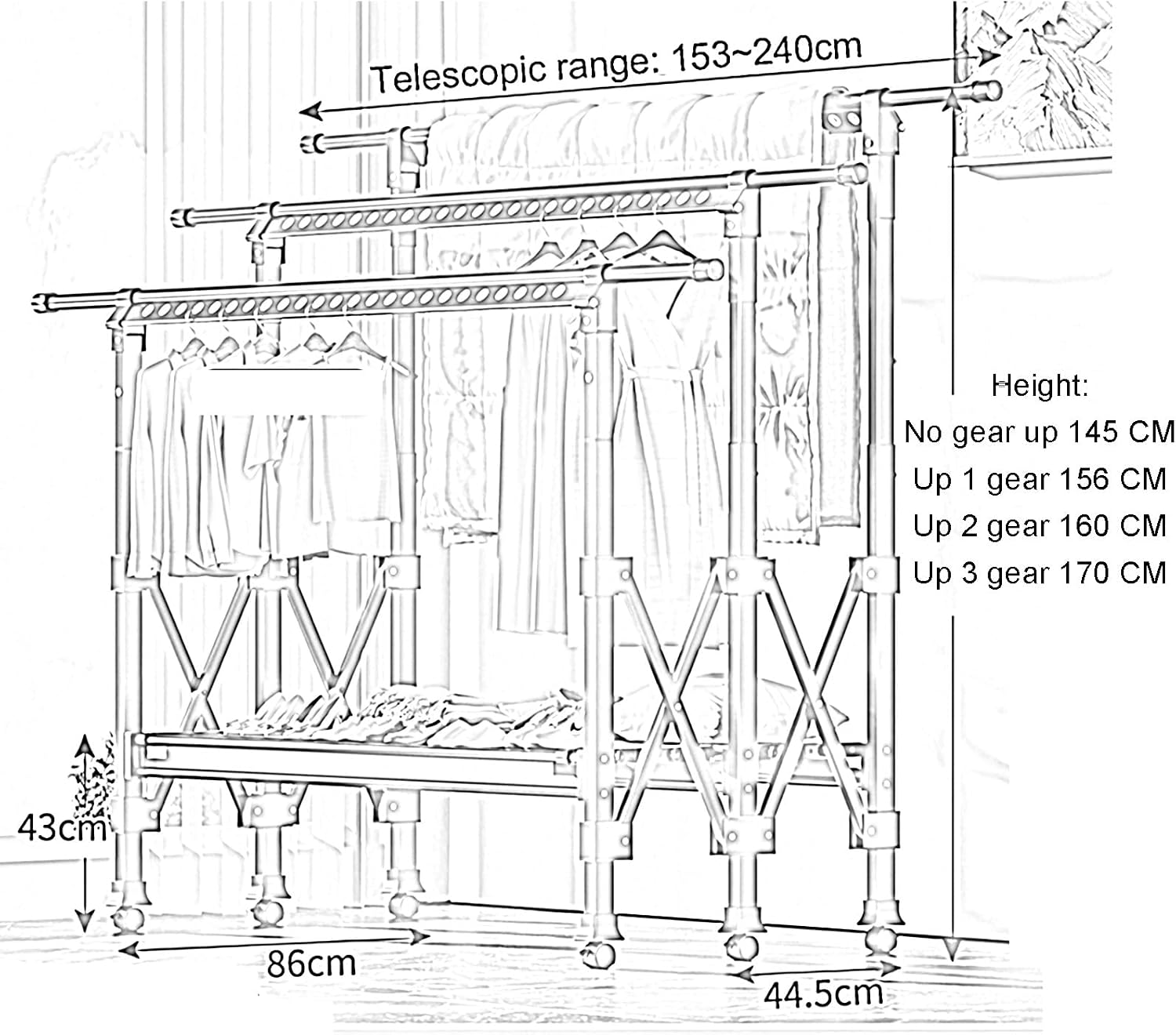 Clothes Drying Racks, Heavy Duty Standing Dry Racks With Windproof Holes, Collapsible Retractable Laundry Drying Garment Rack, Clothing Quilt Blanket Sheet Hanging Dry Rack(Champagne Gold,(L x W x H)1