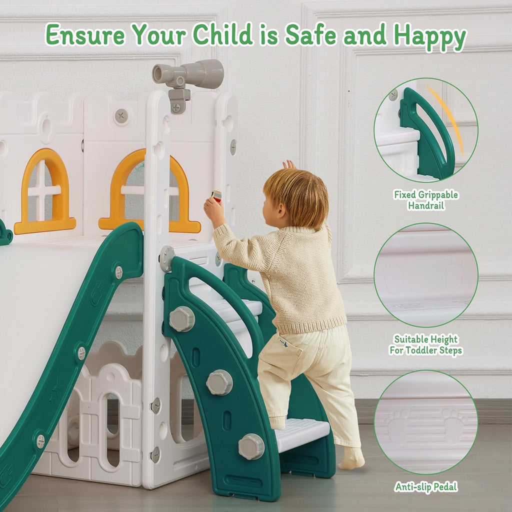 LulliSpace 6 in 1 Toddler Slide,Kids Climber Slider for Indoor Outdoor Playground with Basketball Hoop,Storage and Telescope,L Shaped Slide for Toddler Climber Playset