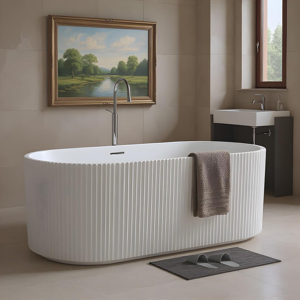 59' Acrylic Freestanding Bathtub, Modern Acrylic Soaking Bathtub, Freestanding Rectangular Tub with Matte Drain and Overflow, Ergonomic Deep Design, Double-Walled Insulation, CUPC Certified