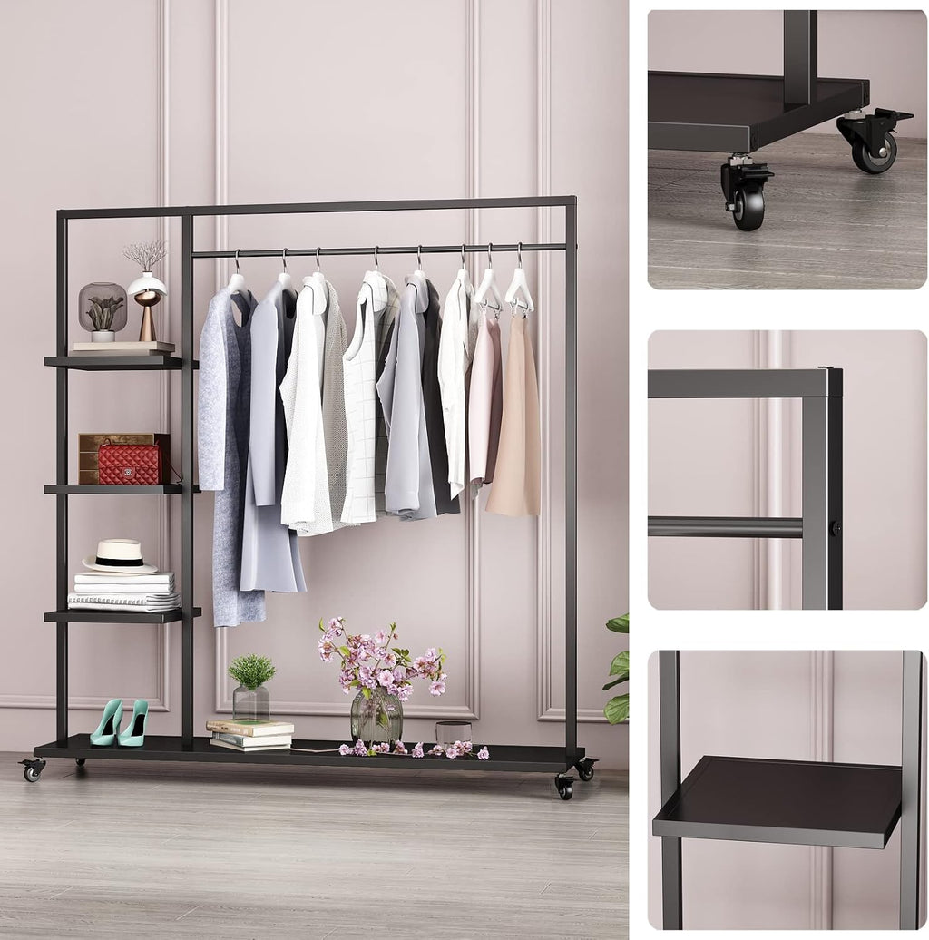 Black Clothing Racks with Shelf, Boutiques Retail Clothing Rack, Heavy Duty Industrial Clothes Racks, Multiple Uses Display for Home and Retail(Black)