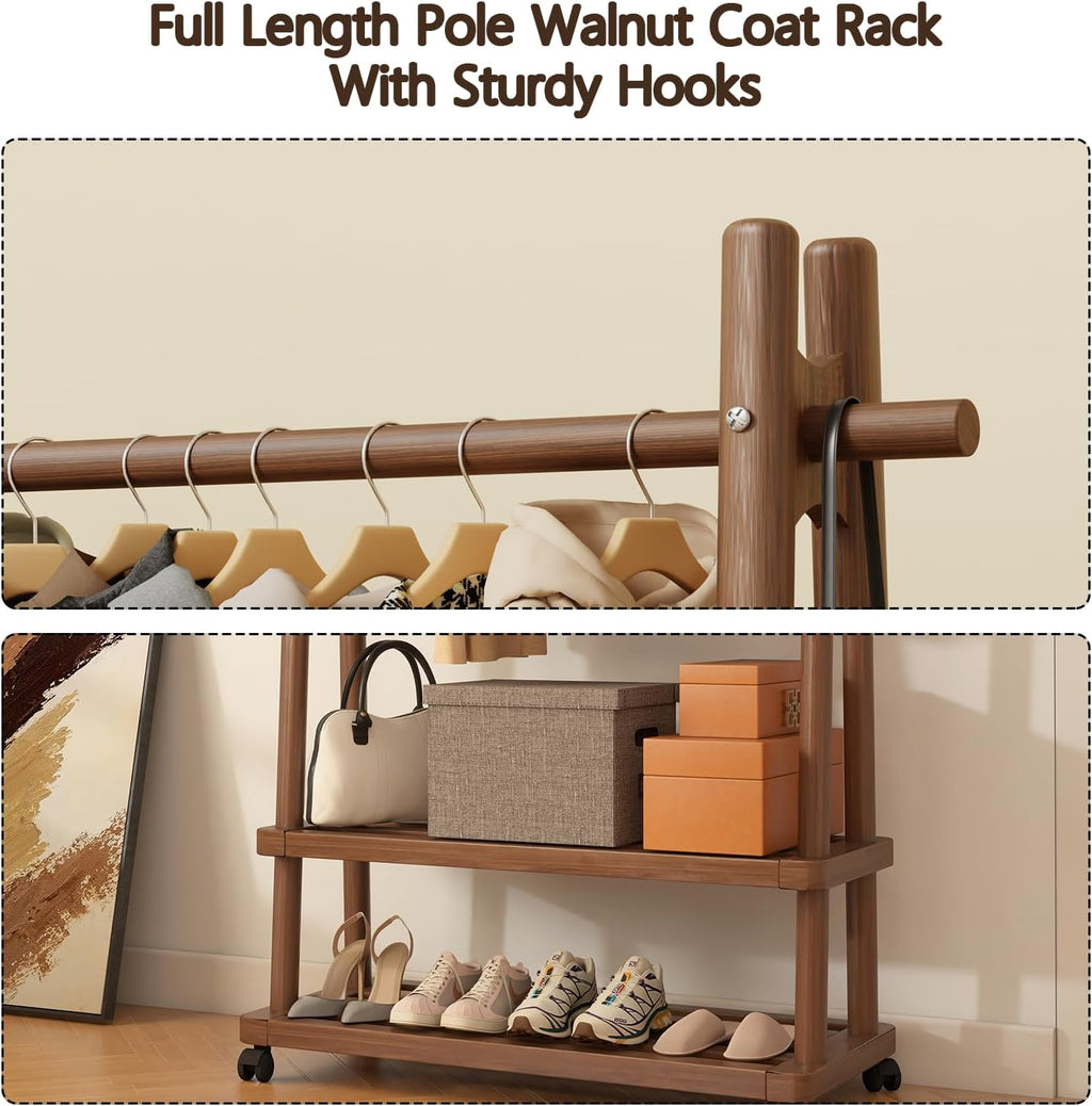 Solid Wood Clothing Rack Freestanding with Wheels, 3-in-1 Coat Rack with 2 Shelves & Hooks Load 500 Lbs, Heavy Duty Garment Rack for Hanging Clothes & Organizer for Entryway Bedroom Living Room 23.6'W