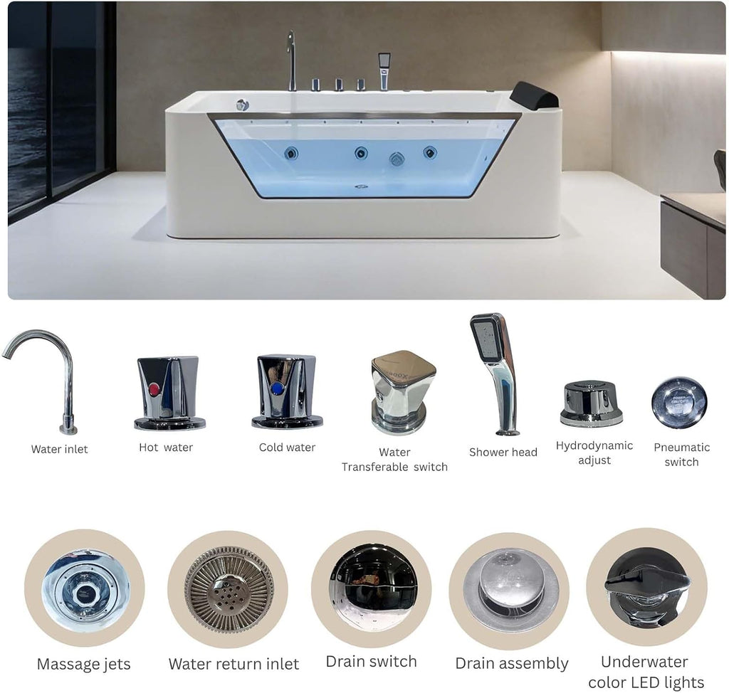 67' Freestanding Soaking Tub, Hydrotherapy Whirlpool Bathtub with Glass Panel, 7 Jets for Muscle Relief, 89 Gallon Acrylic Spa, White