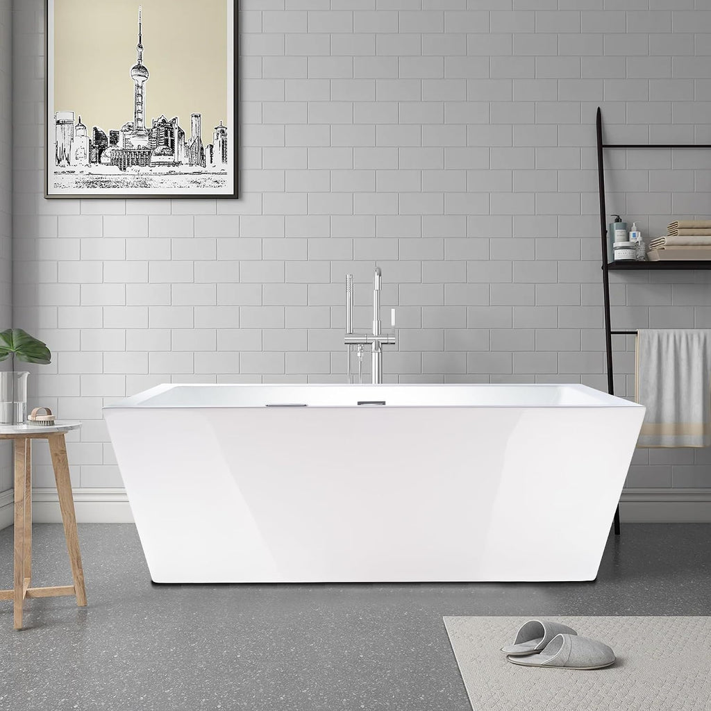 HomeBeyond 59 Inch Freestanding Bathtub | Acrylic Free Standing Tub, Square Flatbottom Freestanding Bathtub Stand Alone Tub, 49 (gallons) capacity