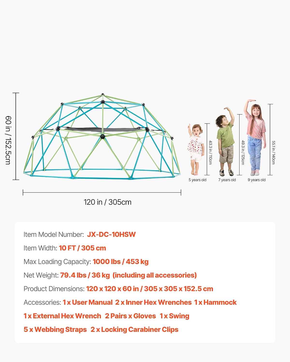 VEVOR Climbing Dome, 10FT Geometric Dome Climber with Swing & Hammock, 1000LBS Loading Kid's Jungle Gym Playground, Easy-Assembly Outdoor Backyard Climbing Equipment for Boys Girls 3 to 10 Years Old