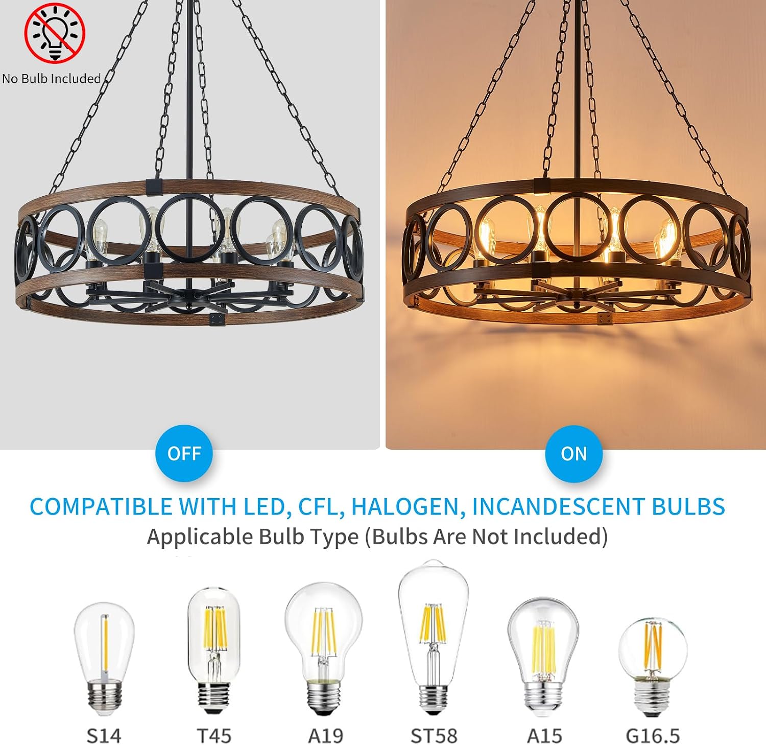 XINGQI Modern Farmhouse Chandelier 32.3' Large Drum 8 Lights Rustic Pendant Lighting Fixture for Living Room Dining Room Kitchen Island Bar Office, Round Metal Shade Black Wood Grain Finish