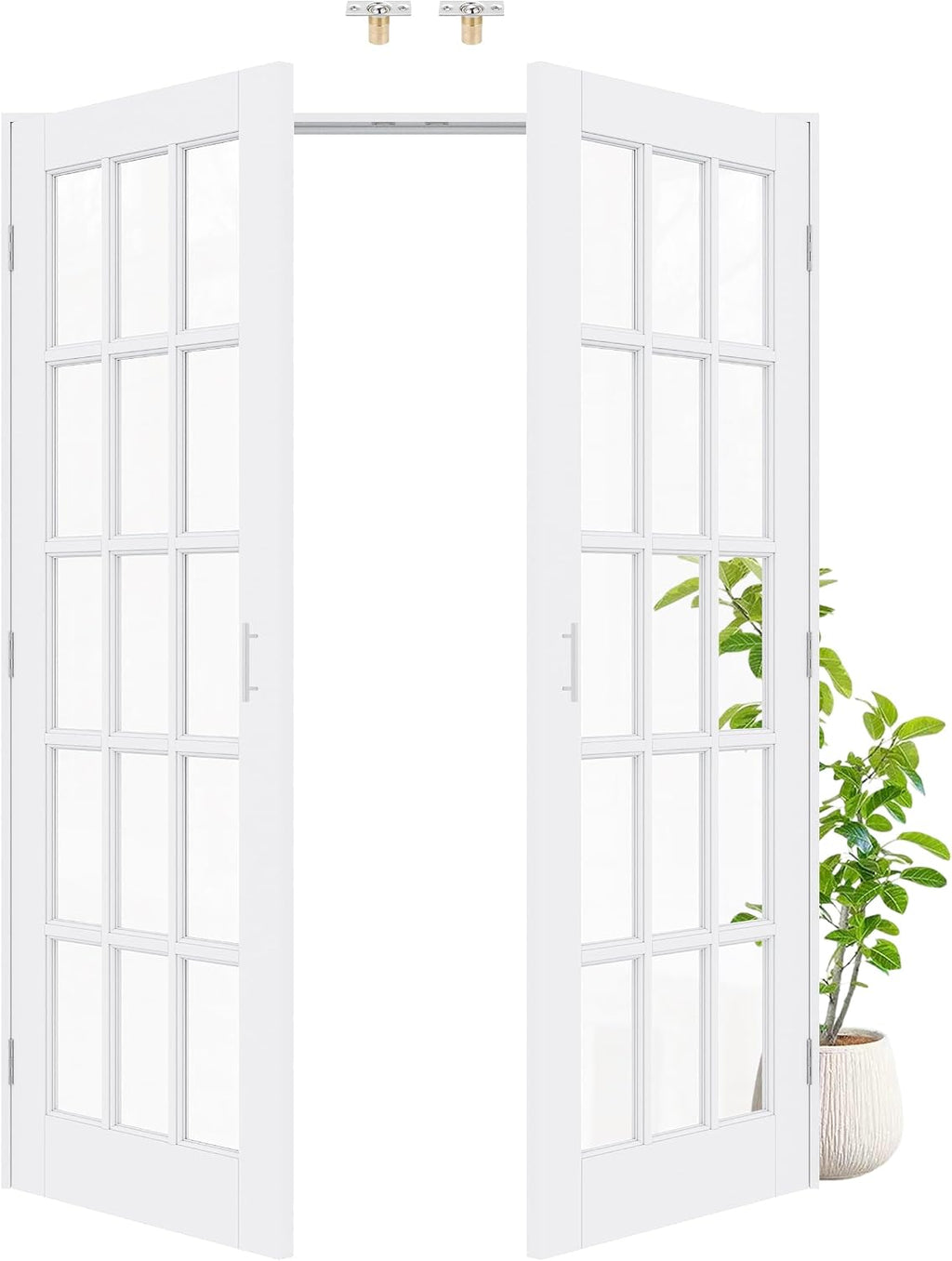 60' x 80' Ball Catch French Doors, 15 Lite Clear Glass Solid Core Pre-Finished & Paintable Double Doors with Ball Catches & Hinges & Handles, White Door, Swing Closet Door Interior