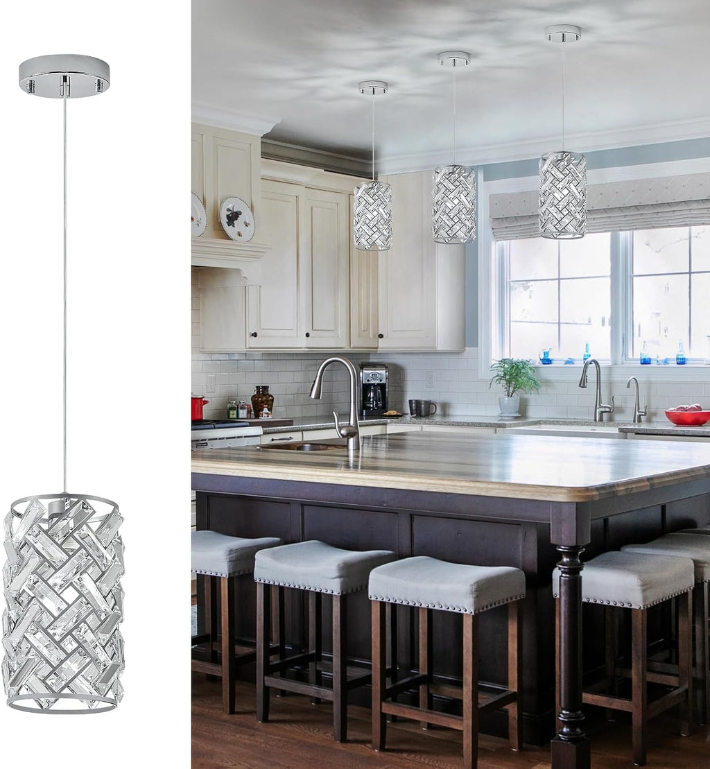 CATINER Modern Chrome Pendant Light, Mini Crystal Chandelier, Adjustable Lighting Fixture for Kitchen Island, Dining Room, Bedroom (Set of 3)