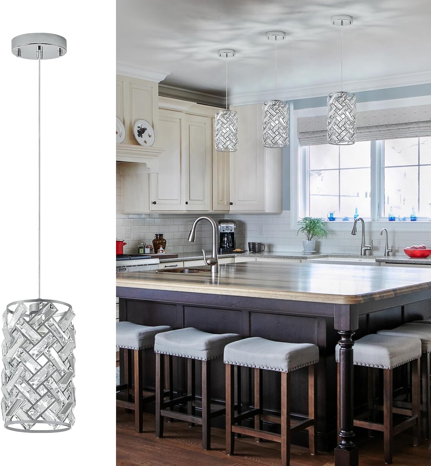 CATINER Modern Chrome Pendant Light, Mini Crystal Chandelier, Adjustable Lighting Fixture for Kitchen Island, Dining Room, Bedroom (Set of 3)
