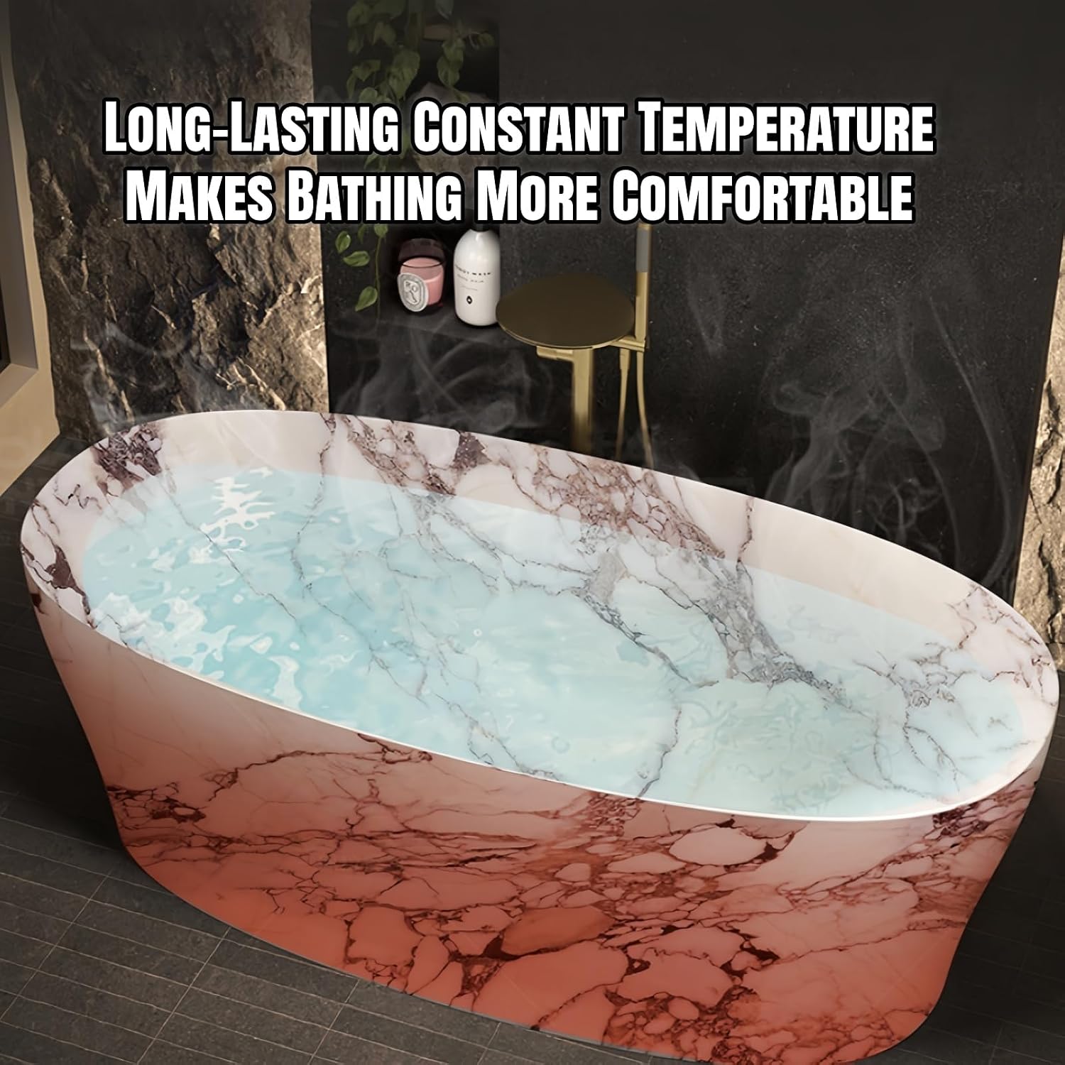 Freestanding Bathtub - Extra Deep Soaking Tub, Solid Surface With Marble-Style Polymer Stone, Free Standing Design For Modern Bathroom Spa Comfort (64',Marble pattern)