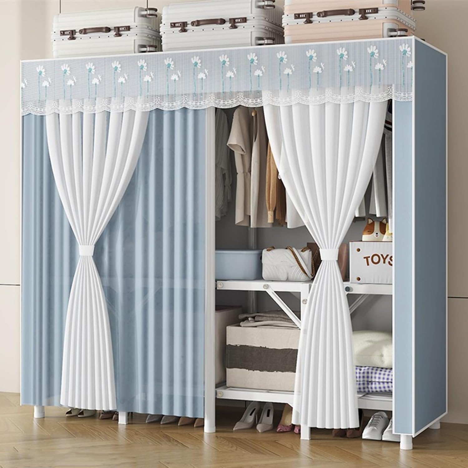 Metal Freestanding Armoire Wardrobe Clothes Rack with Fabric Cover, Portable Wardrobe Closet for Hanging Clothes, Large Capacity Garment Rack Clothes Organizer with Shelves,