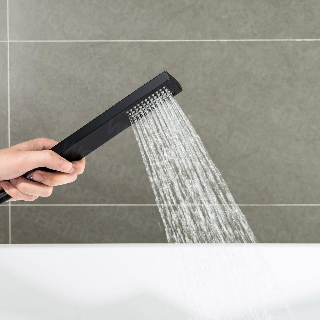 WOODBRIDGE F0009BL Contemporary Single Handle Floor Mount Freestanding Tub Filler Faucet with Hand shower in Matte Black Finish