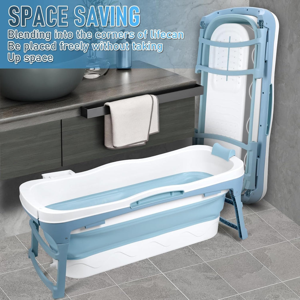 Portable Bathtub Portable Tub for Adults, 56' Foldable Bathtub for Adults Free Standing Tub for Shower, Ice Bath, Sitz Bath, Freestanding Bathtubs with Neck Pillow Blue