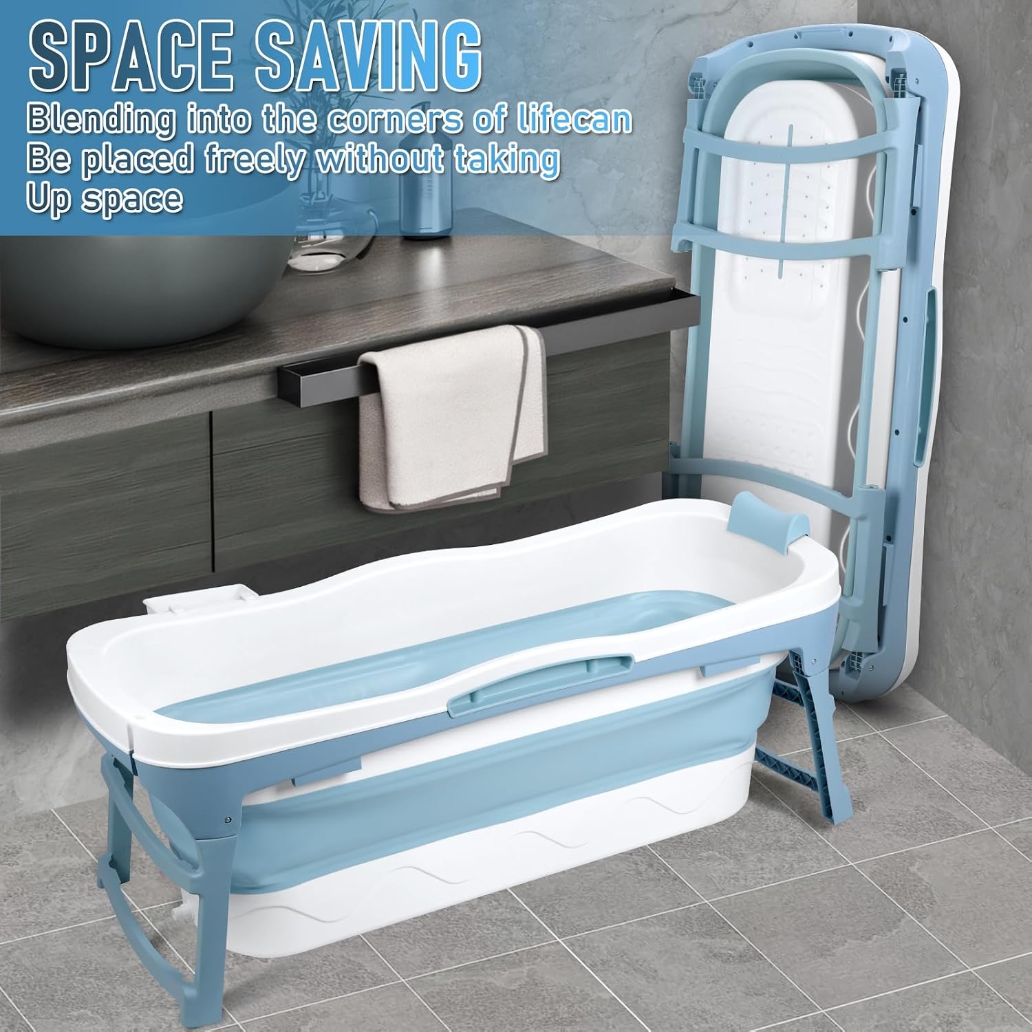 Portable Bathtub Portable Tub for Adults, 56' Foldable Bathtub for Adults Free Standing Tub for Shower, Ice Bath, Sitz Bath, Freestanding Bathtubs with Neck Pillow Blue