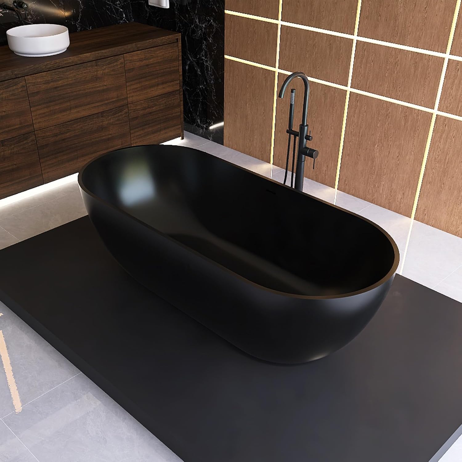 69' Freestanding Solid Surface Bathtub, Matte Black | Resin Stone, Modern Design Stand Alone Tub with Drain, Free Stand SoakIng Tub