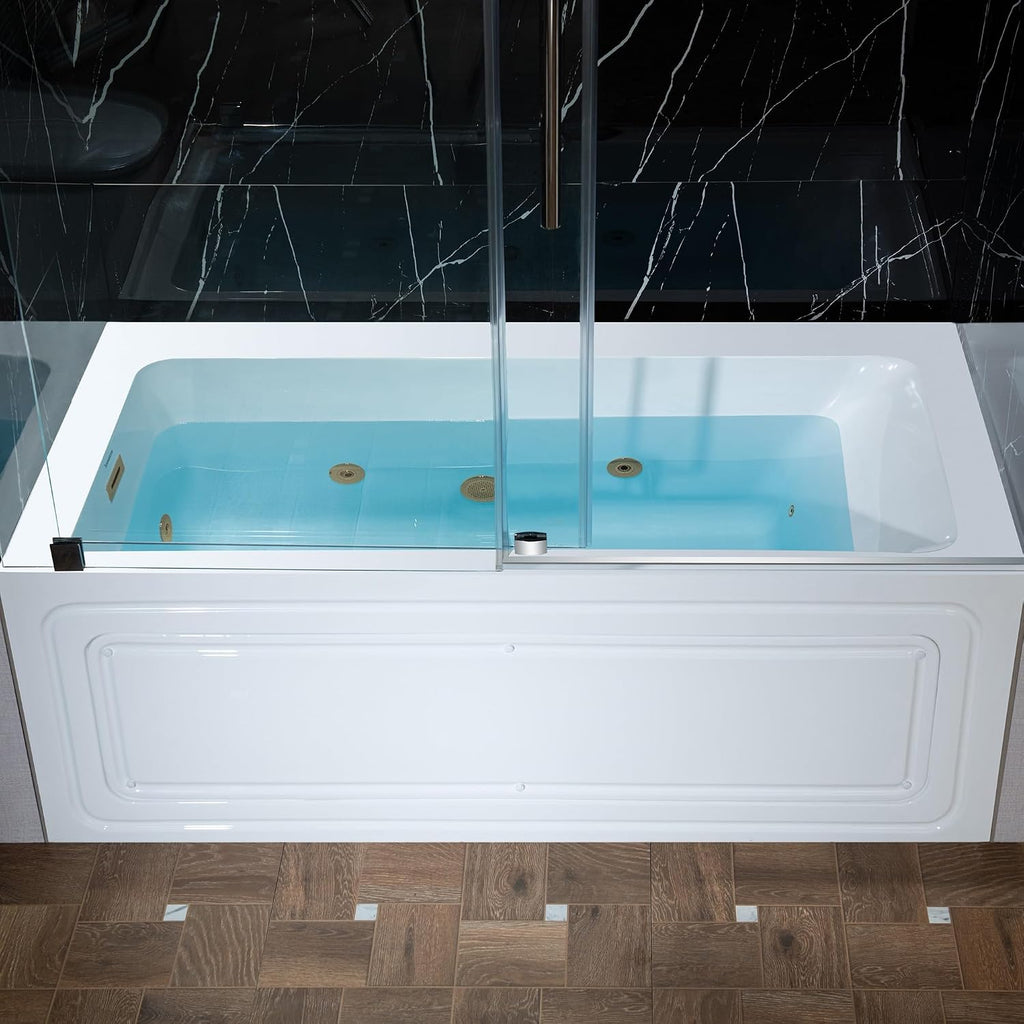 WOODBRIDGE 60' x 30' Alcove Acrylic Rectangular Whirlpool Heated Jetted Tub in White with Left Drain, Brushed Gold Finish Trim and Drain Kit Included, BS428-L-BG03