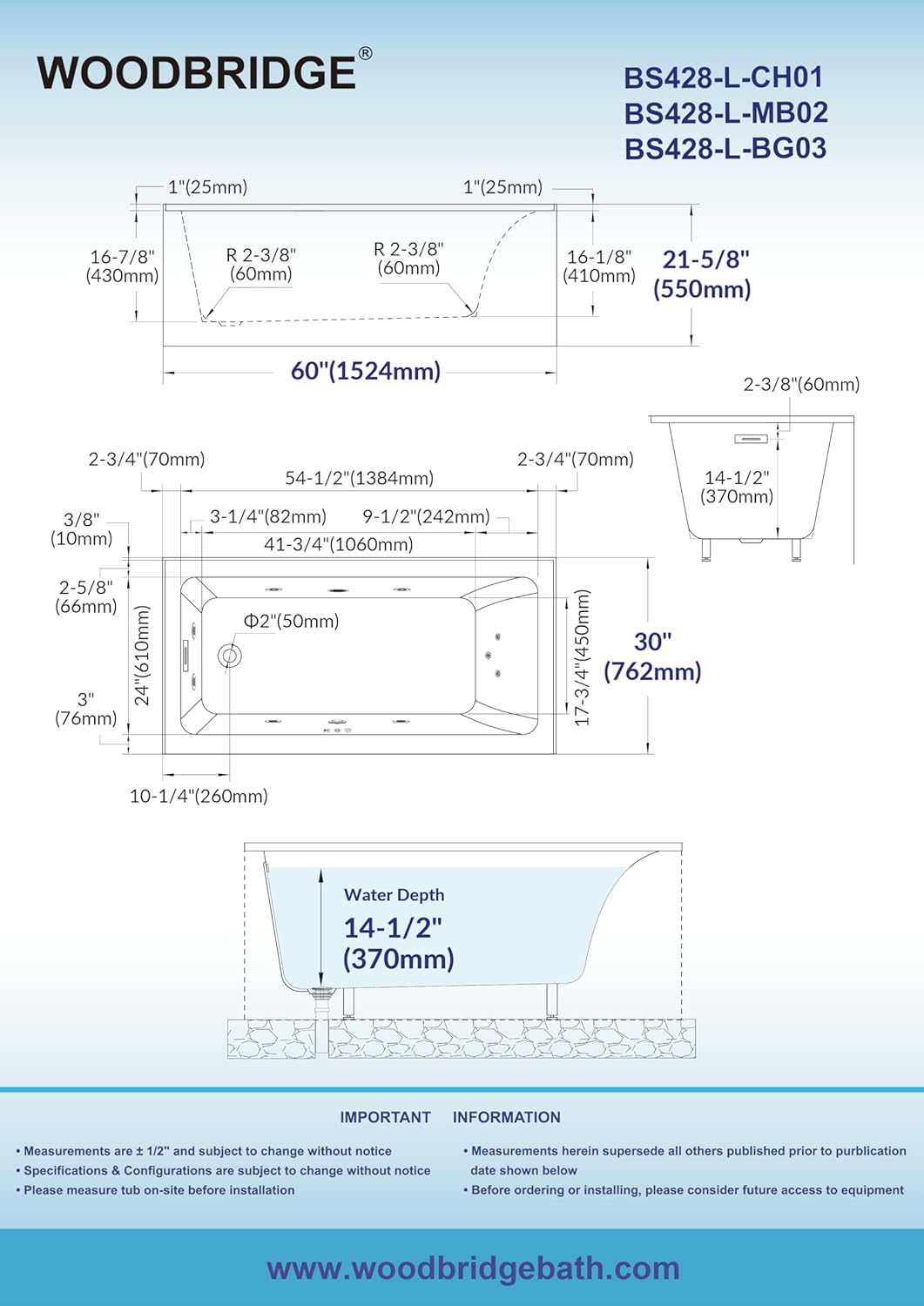WOODBRIDGE 60' x 30' Alcove Acrylic Rectangular Whirlpool Heated Jetted Tub in White with Left Drain, Matte Black Finish, BS428-L-MB02