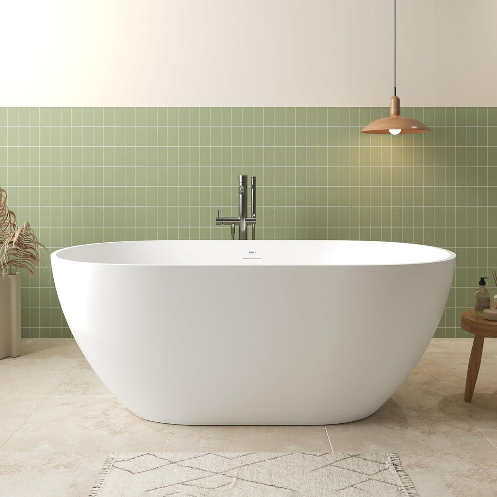 FerdY Fiji 59' Stone Resin Freestanding Bathtub, Elegant Oval Freestanding Soaking Bathtub, Solid Surface Soaking Tub, Matte White, cUPC Certified, Pop-up and Drain Integrated Slotted Overflow