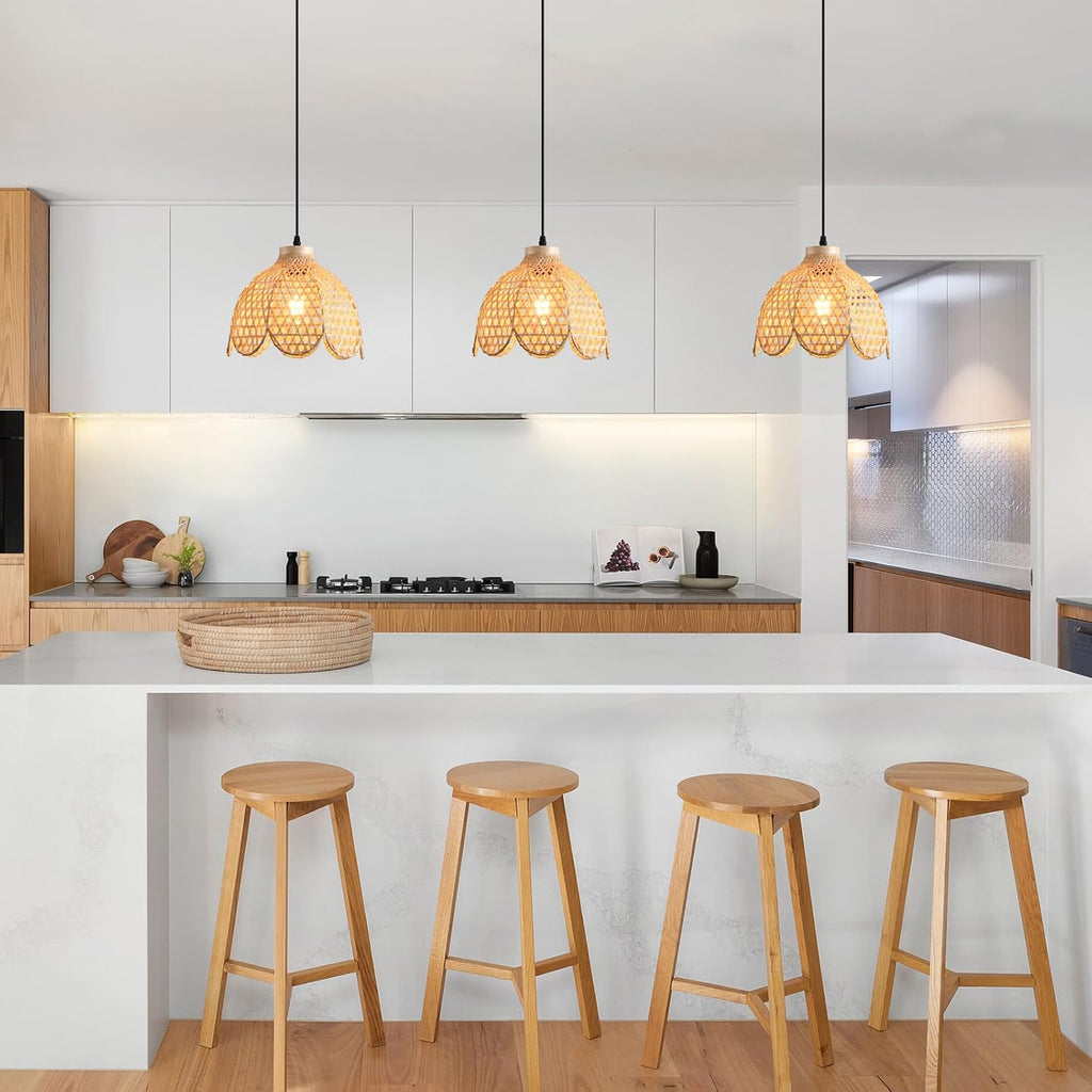 3-Pack Boho Pendant Light Fixture 9.8' Bamboo Hanging Light Mini Rattan Pendant Light,Woven Wicker Shade Rattan Chandelier for Dining Living Bedroom Kitchen Farmhouse
