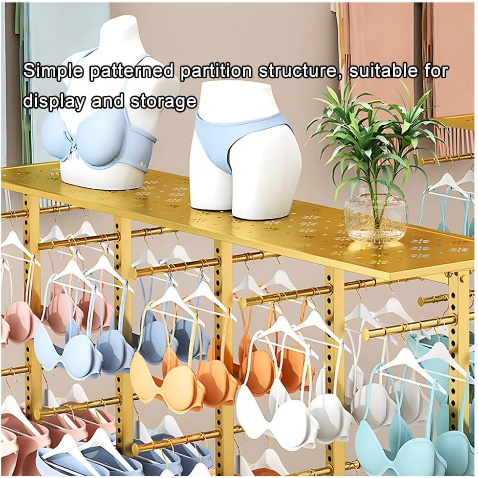 Freestanding Clothing Store Display Rack - Adjustable Gold Lingerie & Socks Stand, Floor-Standing Underwear Organizer, Retail Shelves for Bras & Shorts (130x40x130cm)