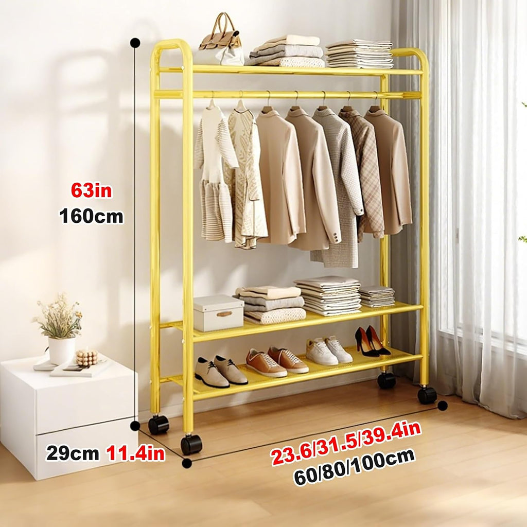 Clothes Rack For Hanging Clothes With Wheels, Metal Freestanding Portable Rolling Garment Rack, Clothing Racks With 3 Shelves For Bedroom Laundry Living Room(White,80cm/31.5in)