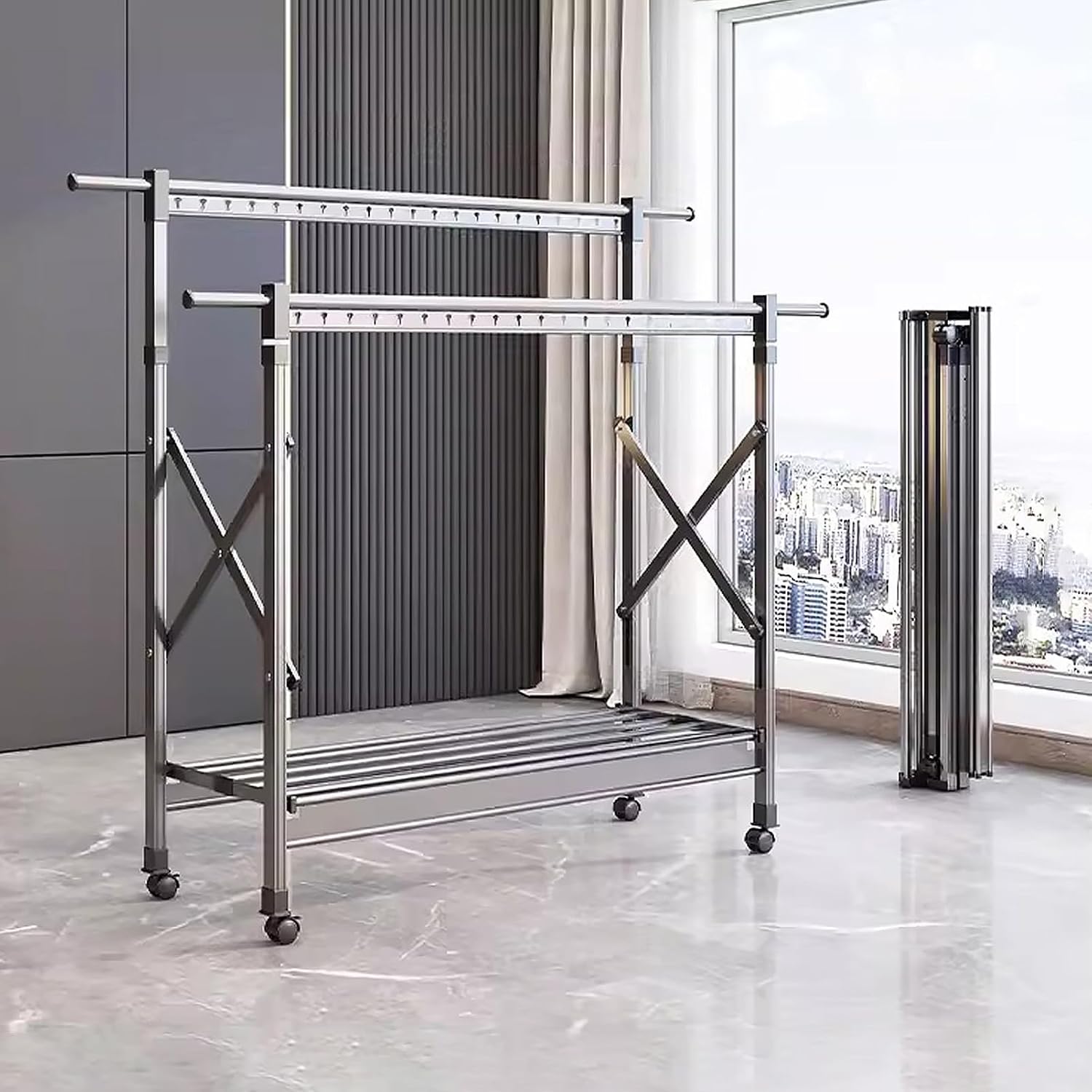 Heavy Duty Clothes Rack with Shelves and Wheels, Adjustable Height Rolling Garment Rack, Foldable Wardrobe Closet Rack, Portable Metal Clothing Rack