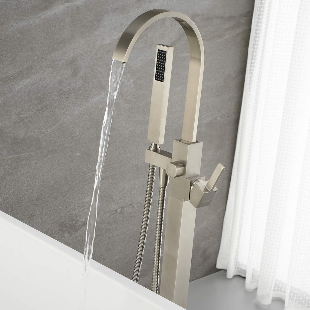 Freestanding Bathtub Faucet Tub Filler Brushed Nickel Waterfall Floor Mount Faucets Single Handle with Hand Shower
