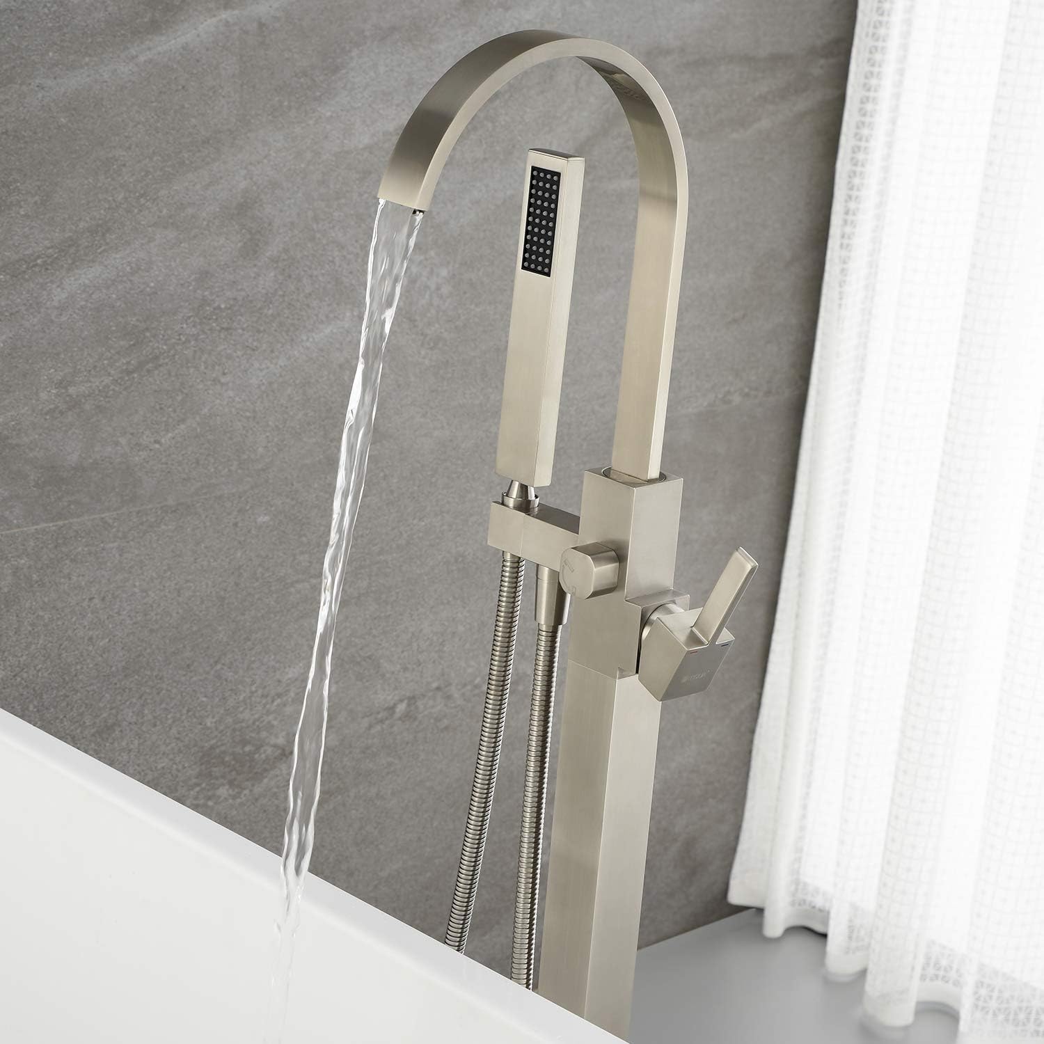 Freestanding Bathtub Faucet Tub Filler Brushed Nickel Waterfall Floor Mount Faucets Single Handle with Hand Shower