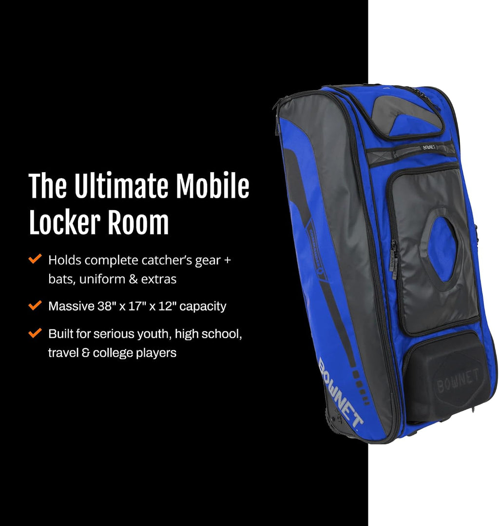 Bownet Commander Rolling Catcher's Gear Bag with Wheels – Baseball & Softball Equipment Bag for Travel Ball, Youth & Adult, 14 Pockets, Molded Helmet Case, Airline Approved