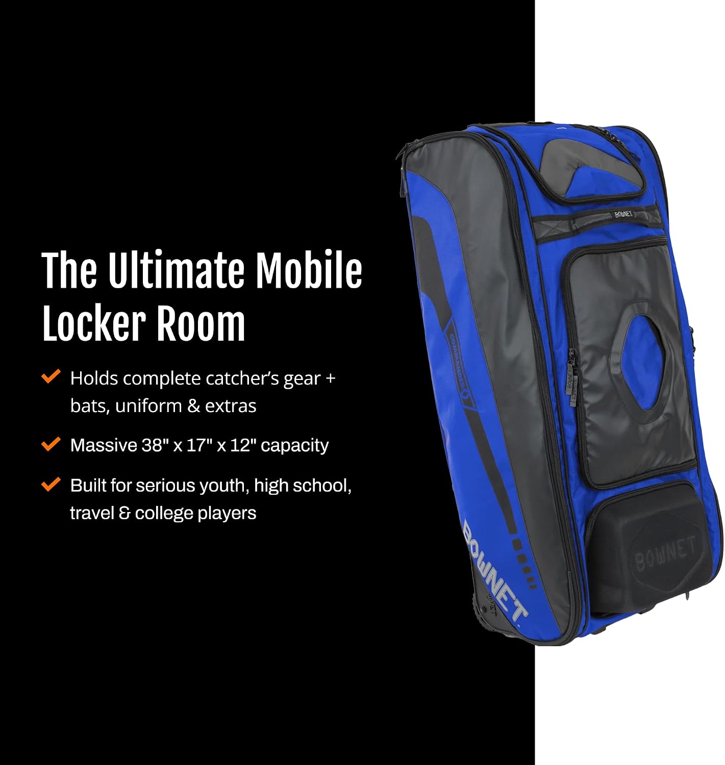 Bownet Commander Rolling Catcher's Gear Bag with Wheels – Baseball & Softball Equipment Bag for Travel Ball, Youth & Adult, 14 Pockets, Molded Helmet Case, Airline Approved