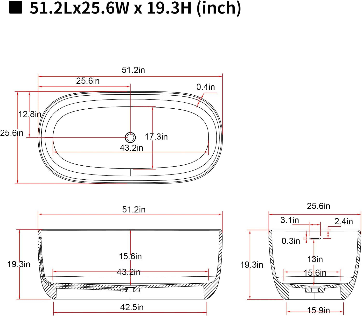 KEIKI 51'' Freestanding Bathtub, Resin Stone Soaking Bathtub, Solid Surface Modern Tubs with Overflow and Pop-up Drain