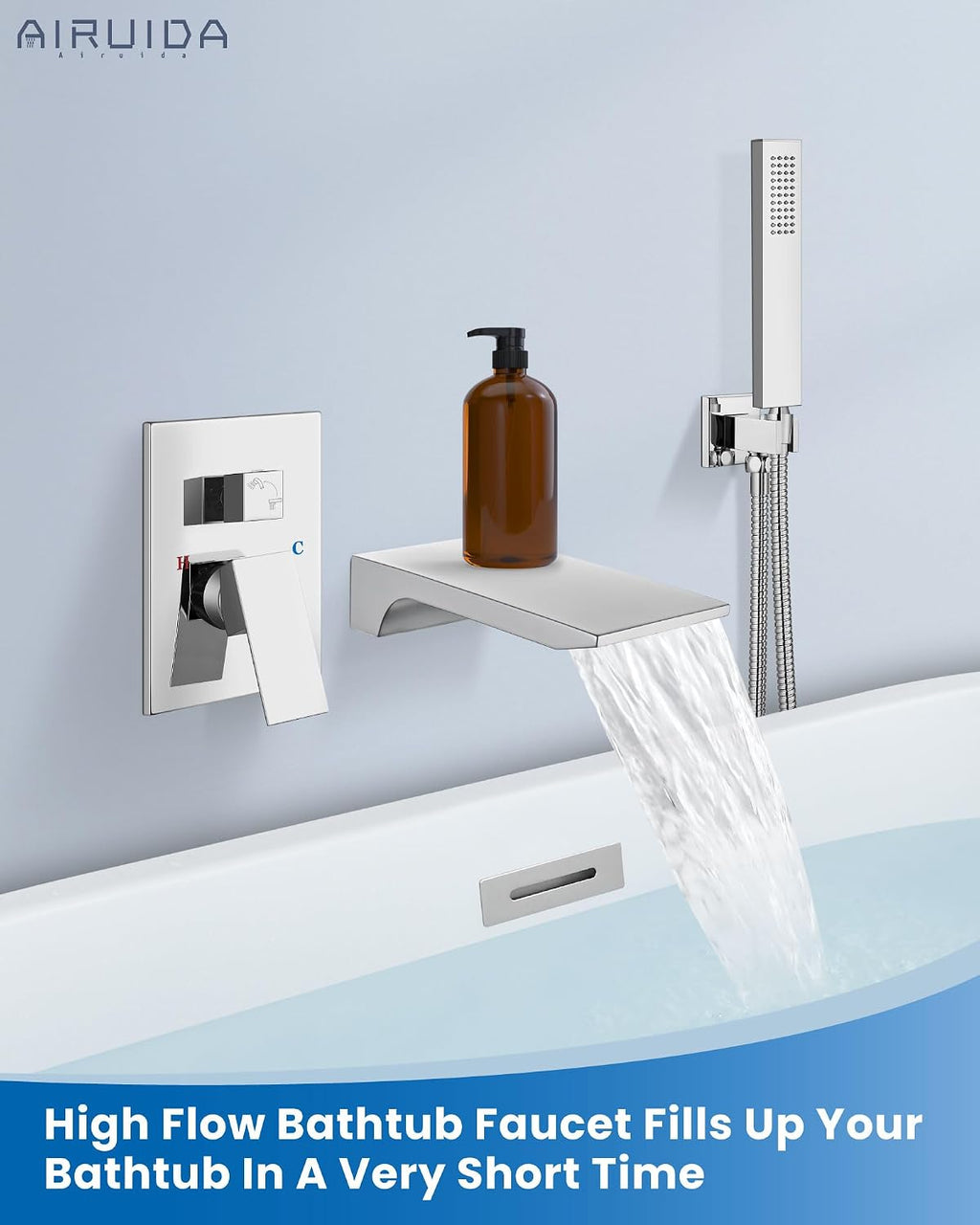Airuida Wall Mount Tub Faucet with Waterfall Tub Spout Wall Mounted Bathtub Faucet with Handheld Shower Single Handle Tub Filler Shower Faucet Set with Rough-in valve Straight Spout Chrome Polish