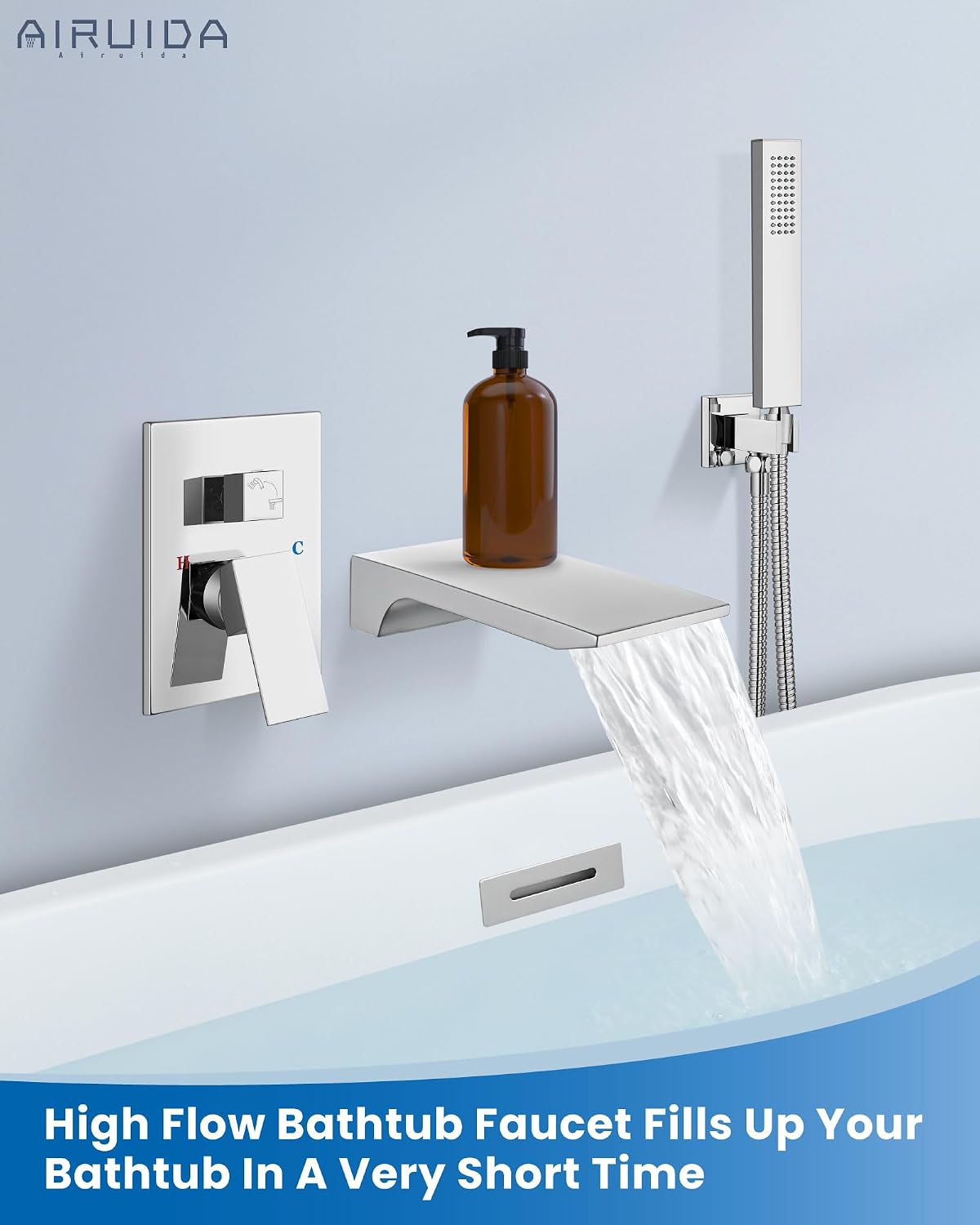 Airuida Wall Mount Tub Faucet with Waterfall Tub Spout Wall Mounted Bathtub Faucet with Handheld Shower Single Handle Tub Filler Shower Faucet Set with Rough-in valve Straight Spout Chrome Polish