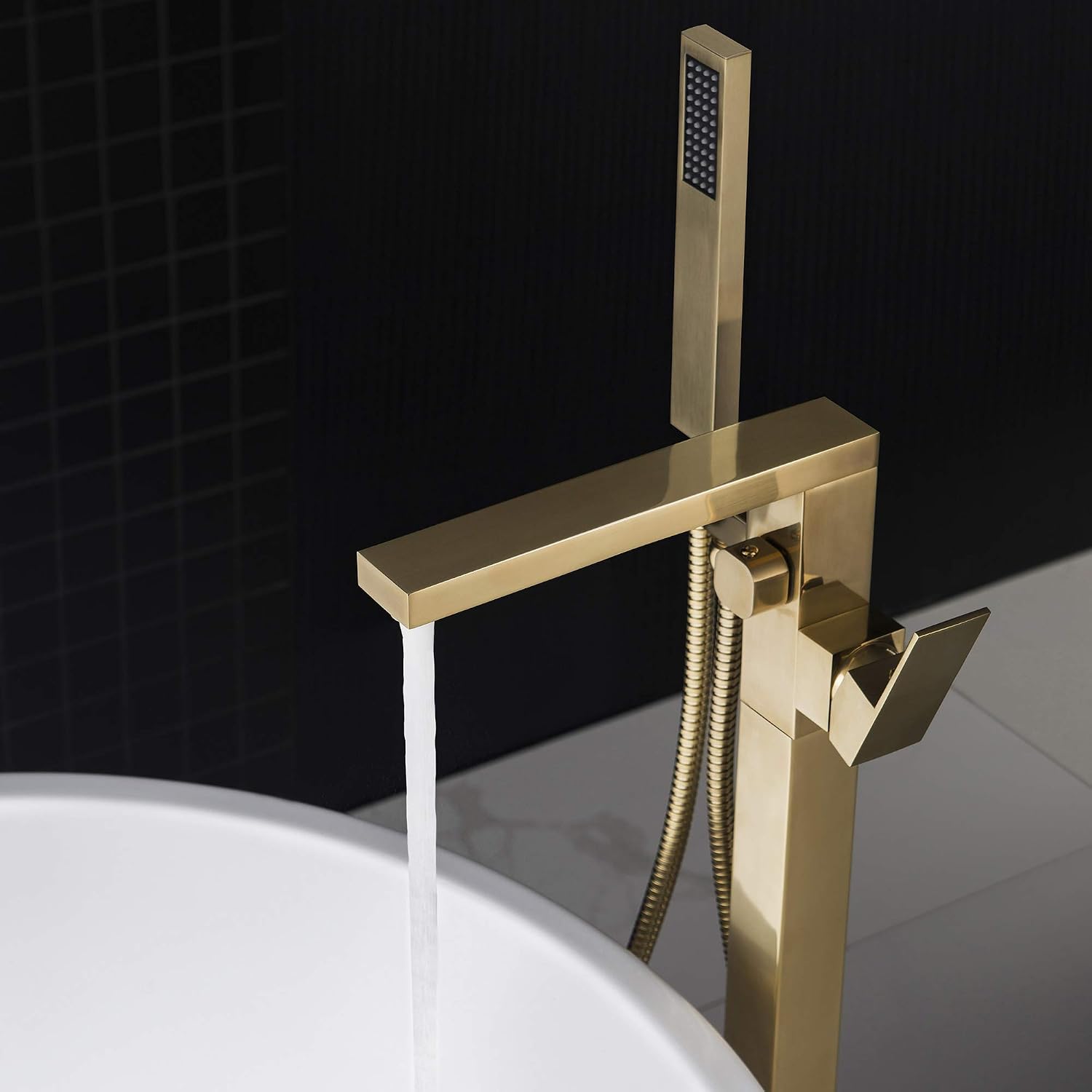 WOODBRIDGE F0008BG Contemporary Single Handle Floor Mount Freestanding Tub Filler Faucet with Hand Shower in Brushed Gold Finish