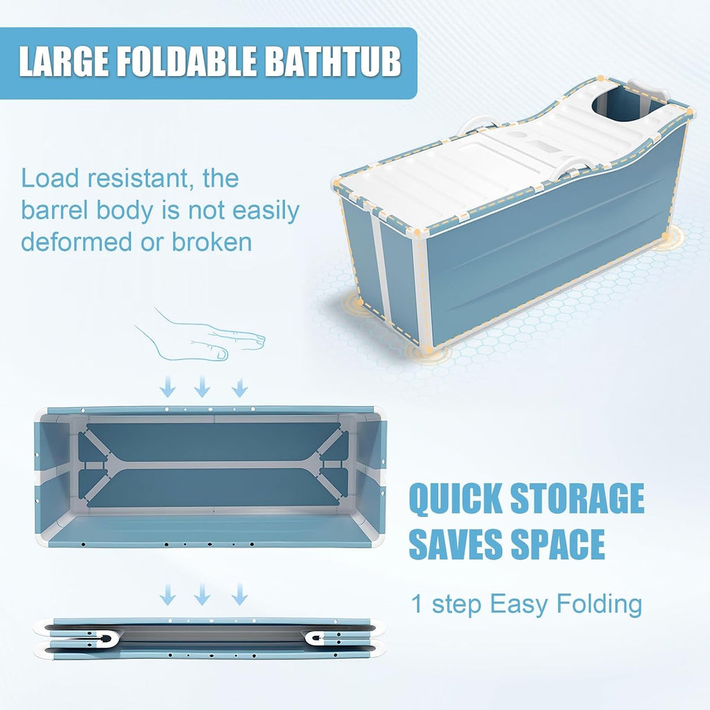 Portable Foldable Bathtub, Bathing Tub for Shower Stall, Portable Bathtub for Adult, Space Saving Home Spa Bath, Freestanding Effortless Folding Bathtub with Thermal Lid, Handrail Blue