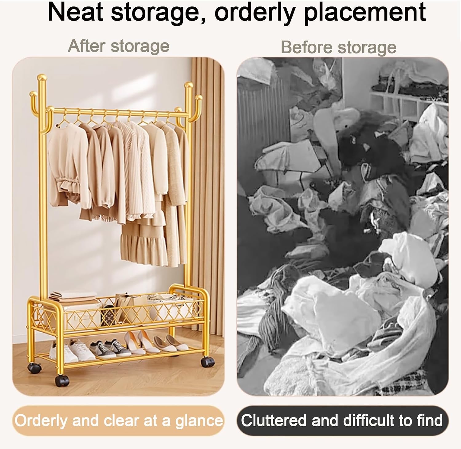 Clothes Rack With Storage Bottom Shelves And Coat/Hat Hooks,Garment Racks,Freestanding Rolling Clothes Organizer On Wheels For Hanging Clothes,For Bedroom Living Room(Black,100cm(39.4in))