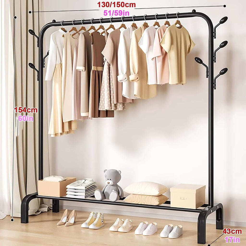 Clothes Rack,Clothing Rack For Hanging Clothes,Metal Garment Rack With Storage Shelf,Free Standing Coat Rack With Hooks,Black(Black,130cm/51.2in)