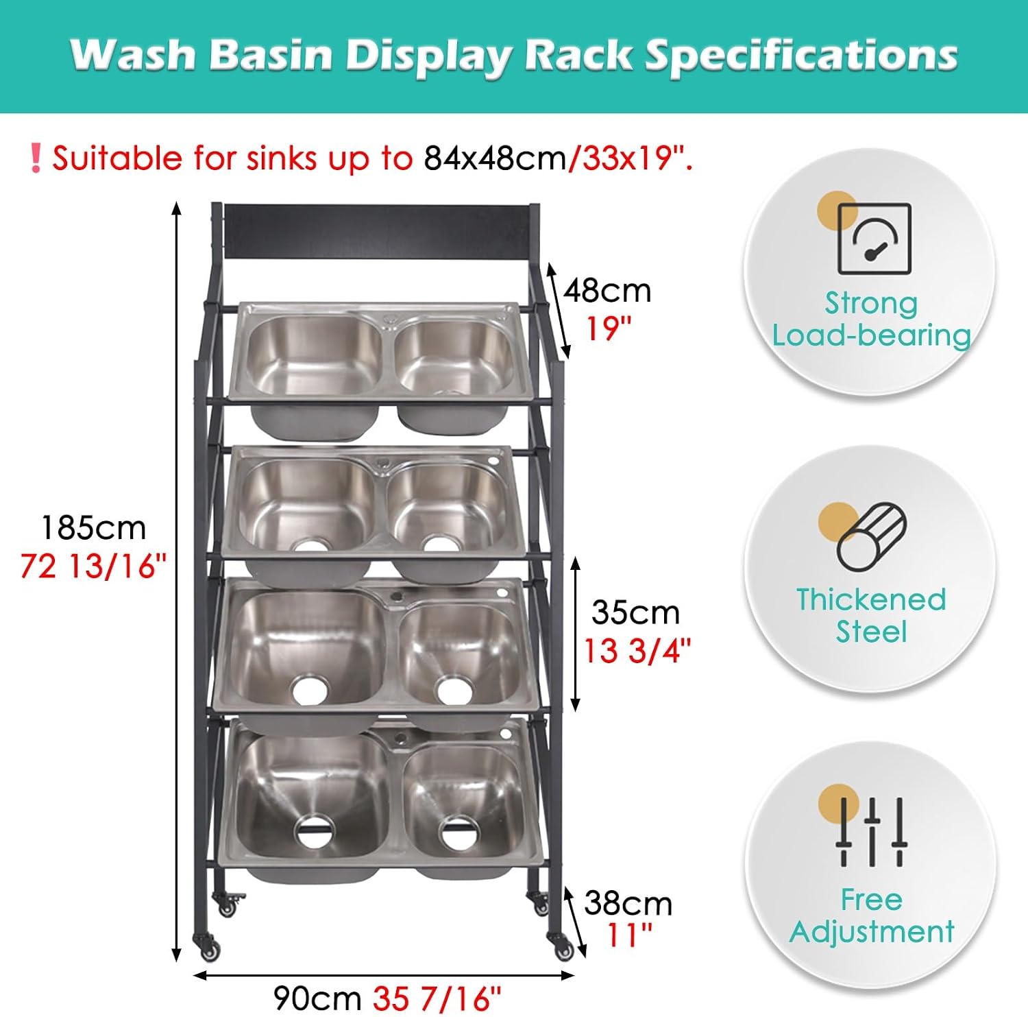 4 Tiers Large Wash Basin Display Rack with Wheels, Commercial Metal Washbasin Sample Display Stand for Household Shops, Adjustable Width Rolling Rack(with Wheel-4 Layers - L 90cm/35.4in