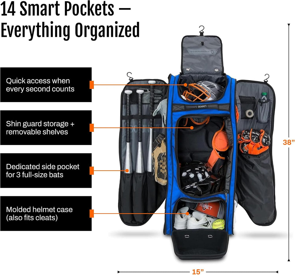 Bownet Commander Rolling Catcher's Gear Bag with Wheels – Baseball & Softball Equipment Bag for Travel Ball, Youth & Adult, 14 Pockets, Molded Helmet Case, Airline Approved